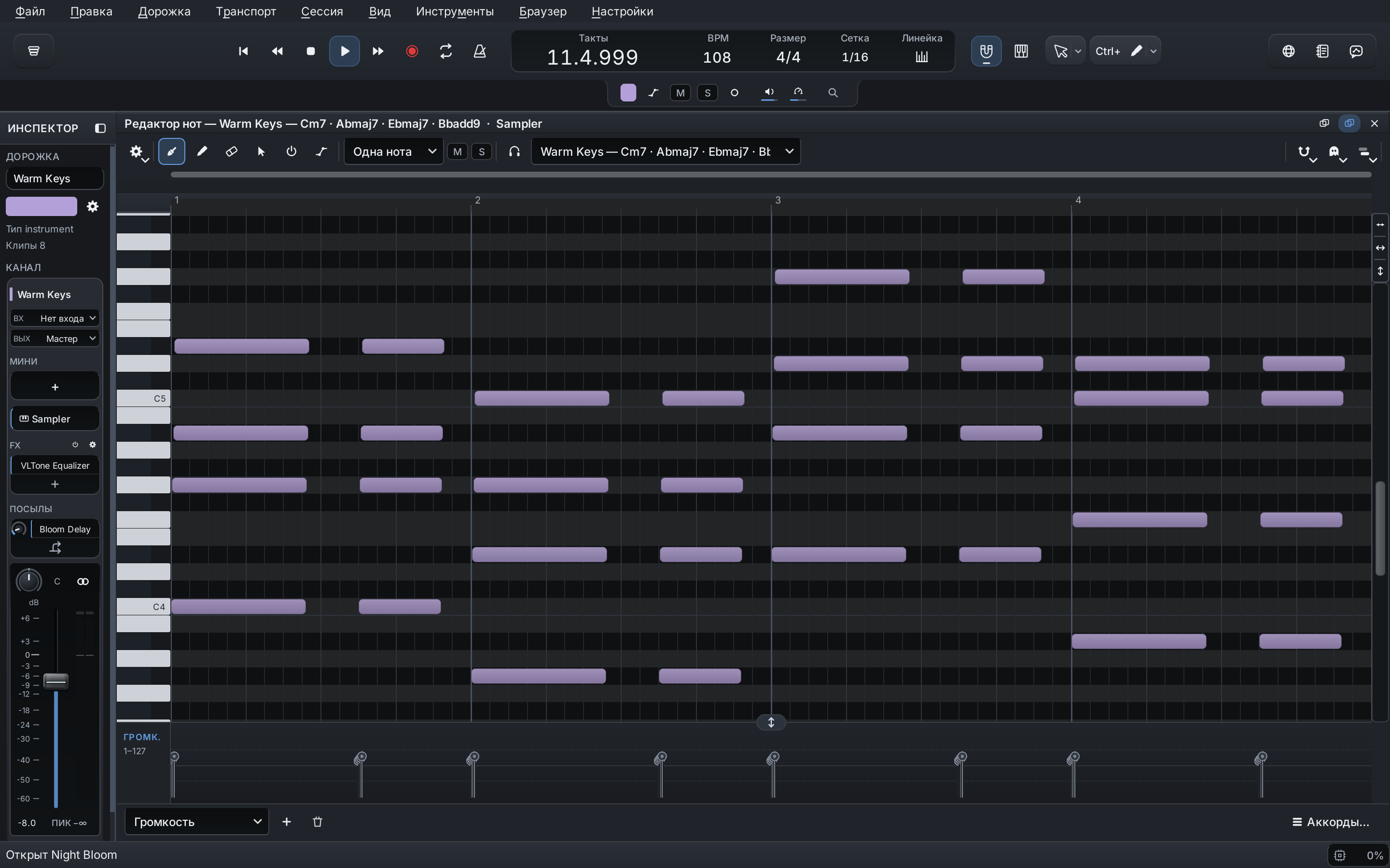 Warm Keys из Night Bloom: аккордовая последовательность в Piano Roll и динамика нот